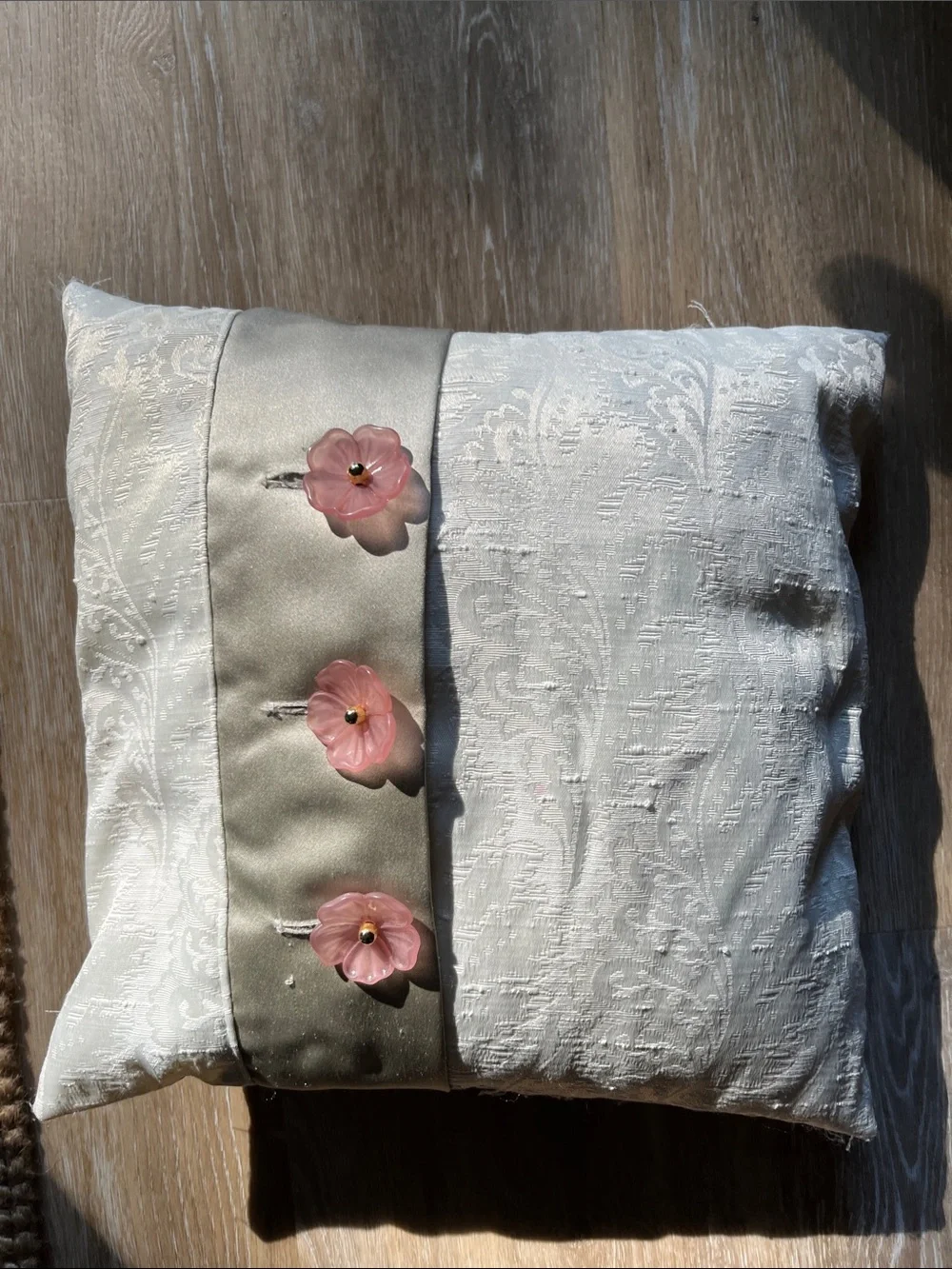 Embroidered Vintage Patchwork Decorative Pillow - Cream, Gold, Pink